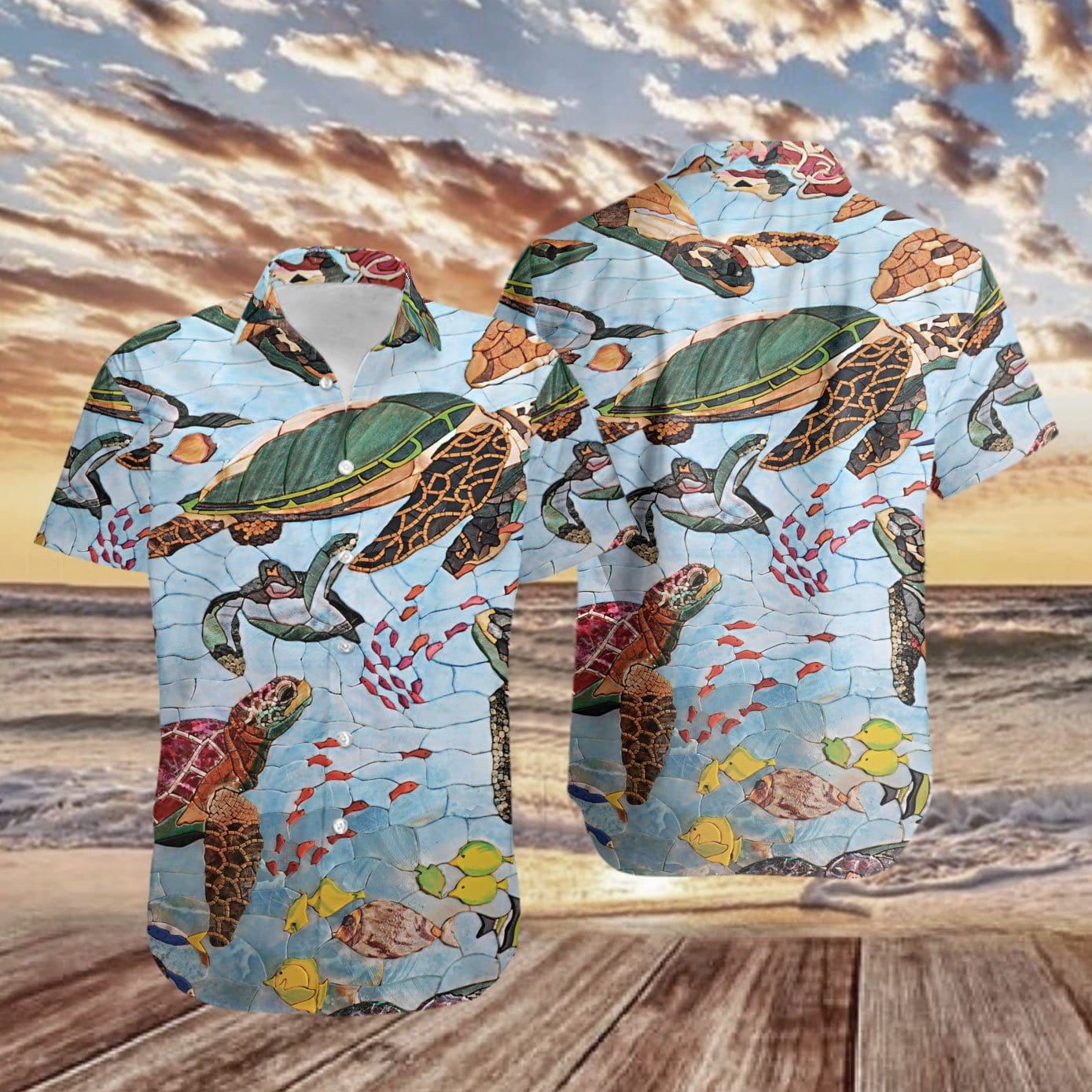 Sea Turtles In Ocean Pattern Hawaiian Aloha Shirts #H