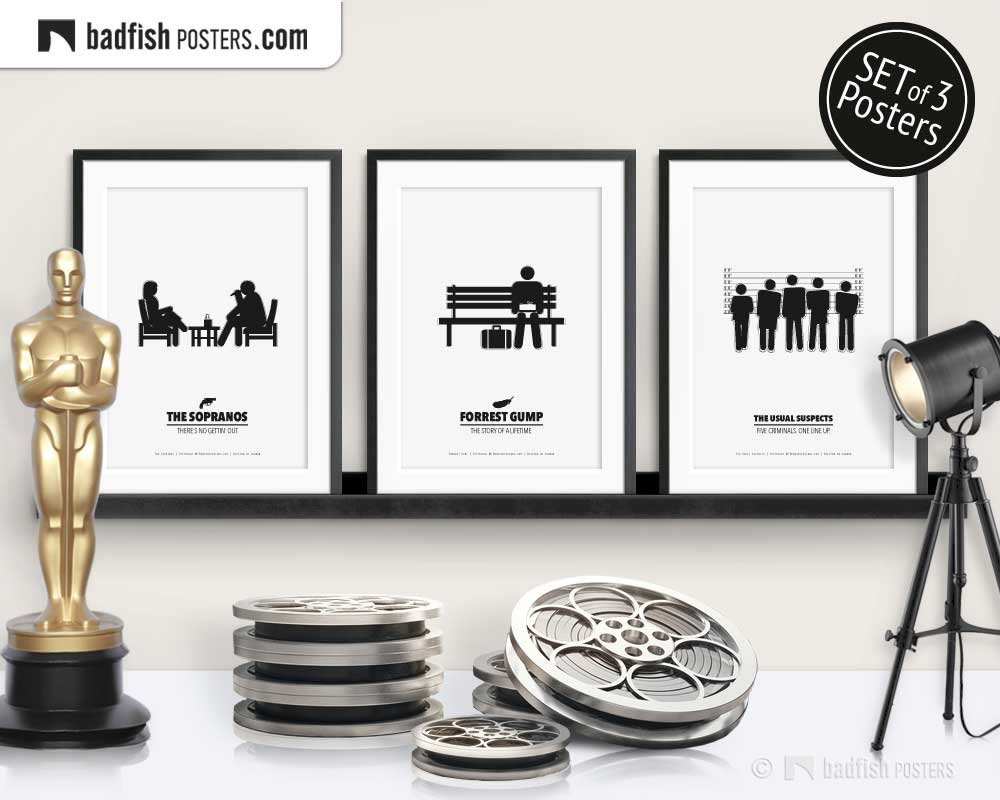 Set of 3 Movie Posters, The Sopranos, Forrest Gump, The Usual Suspects, Cinephilia Collection, Alternative Movie Prints, B&W Minimal, Gift
