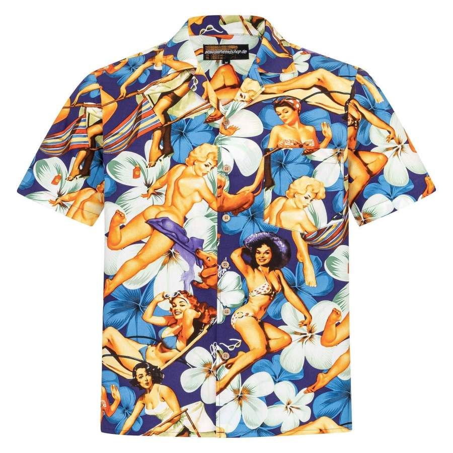 Sexy Girls Retro Tropical Blue Hawaiian Aloha Shirts