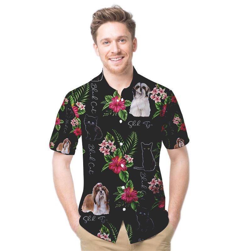 Shih Tzu And Black Cat Hibiscus Men Hawaii Shirt For Pets Lovers In Daily Life