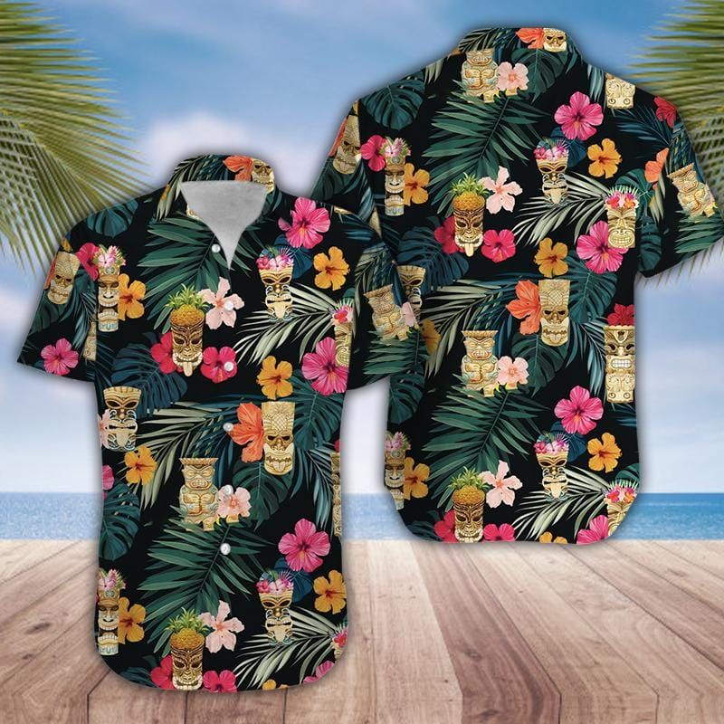 Simple Tiki Summer Vibe Tropical Green Black Unisex Hawaiian Shirts