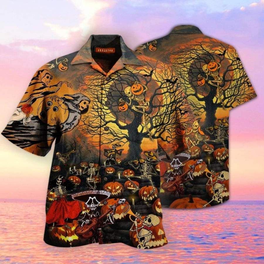 Skeleton Halloween Party Hawaiian Aloha Shirts #v