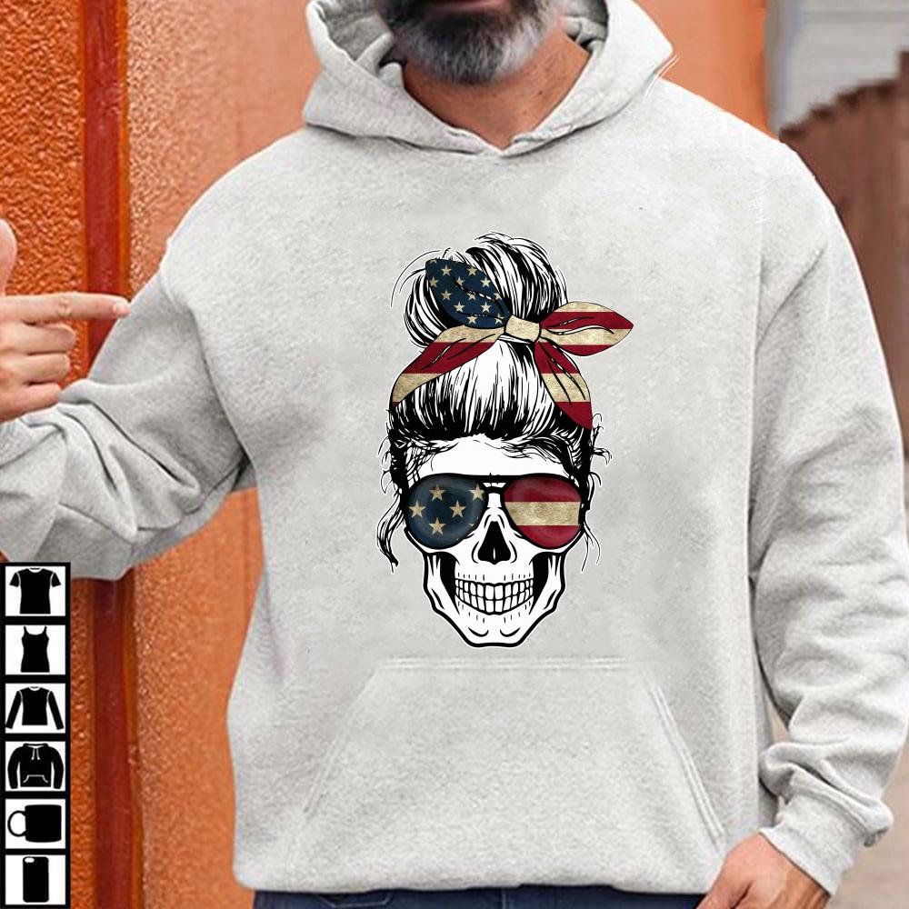 Skull Lady Mom Mama American Flag Bow And Glasses 4Th Of July Shirt D98 Hoodie