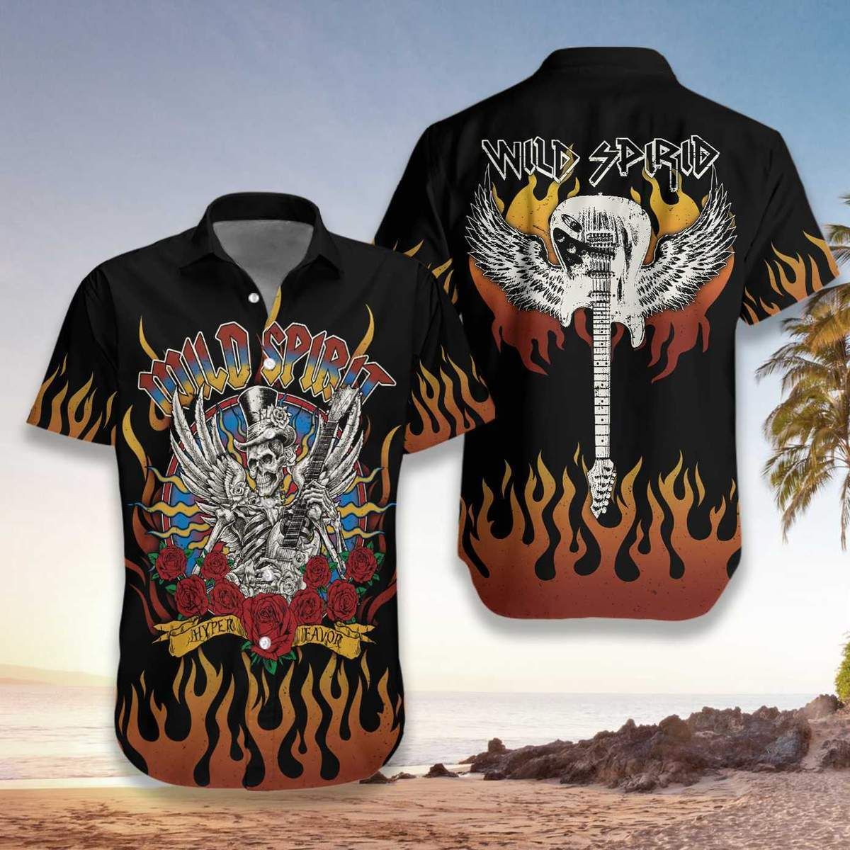Skull Play Guitar Wild Spirit Hawaiian Aloha Shirts #V