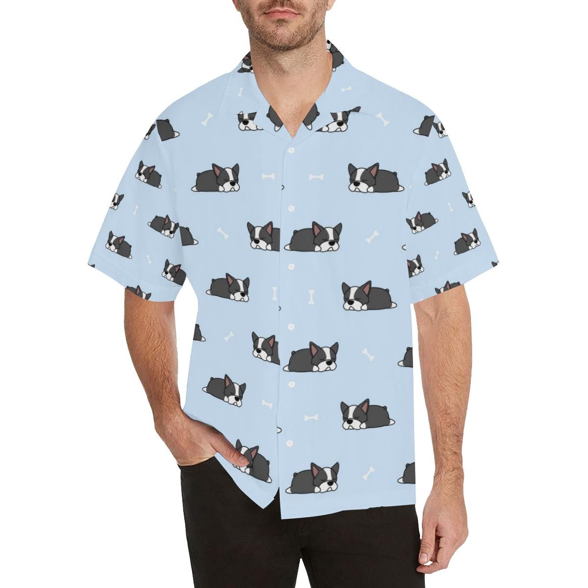 Sleep Boston Terrier Bone Pattern Men’s All Over Print Hawaiian Shirt