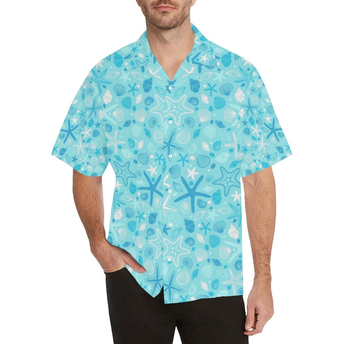 Starfish Shell Blue Theme Pattern Men’s All Over Print Hawaiian Shirt