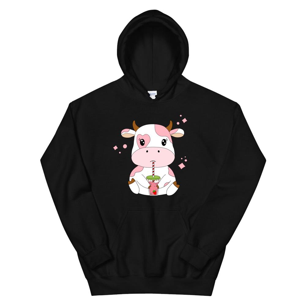 Strawberry Milk Cute Kawaii Aesthetic Pink Cow Print Hoodie