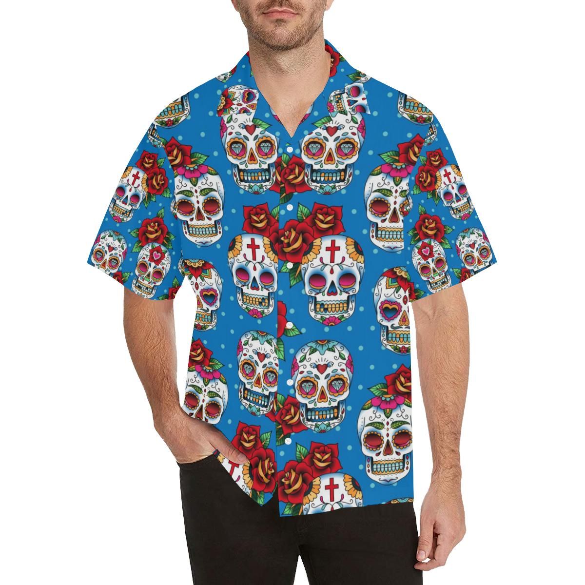 Suger Skull Rose Pattern Men’s All Over Print Hawaiian Shirt