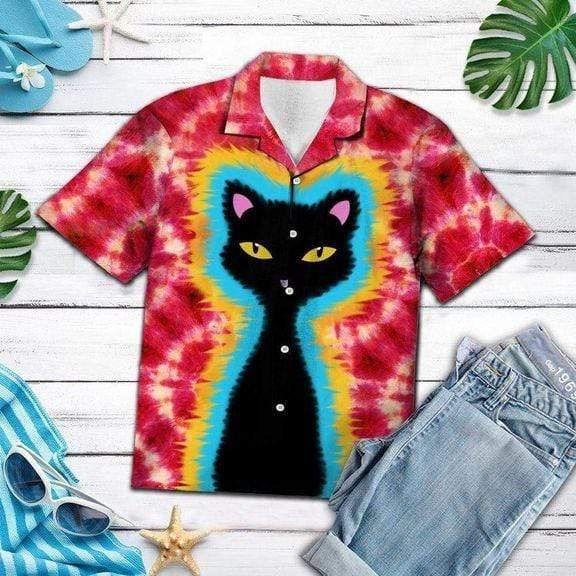 Tie-dye Hippie Black Cat Hawaiian Aloha Shirts #dh