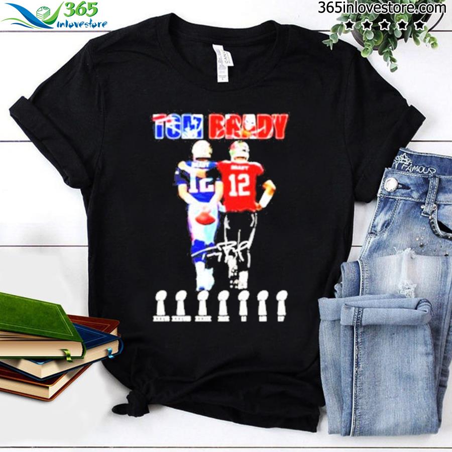 Tom Brady new england patriot and tampa bay buccaneers super bowl cup champions signatures shirt