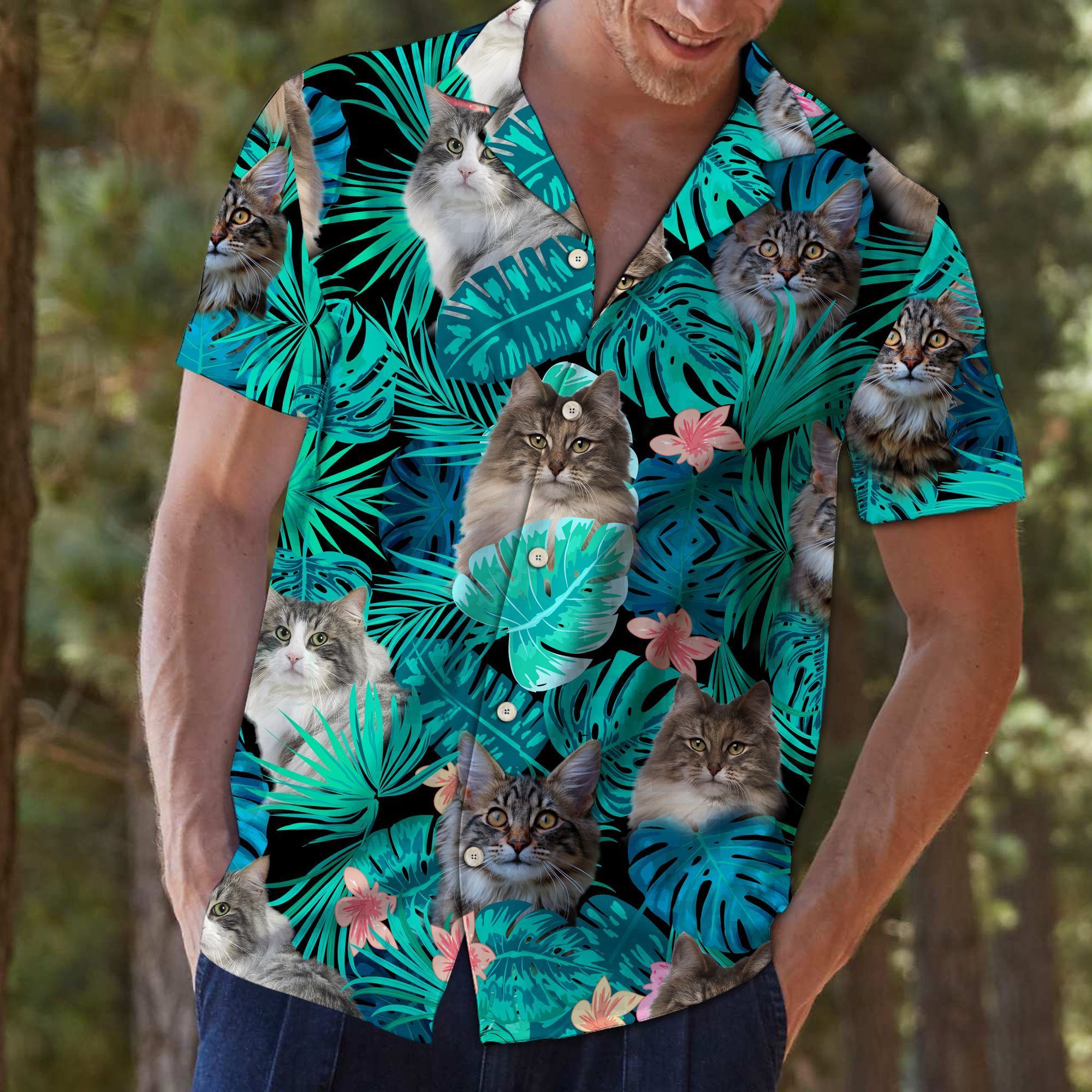 Tropical Norwegian Forest Cat G5702 – Hawaii Shirt Unisex Womens & Mens, Couples Matching, Friends, Funny Family Hawaiian Shirts Gifts