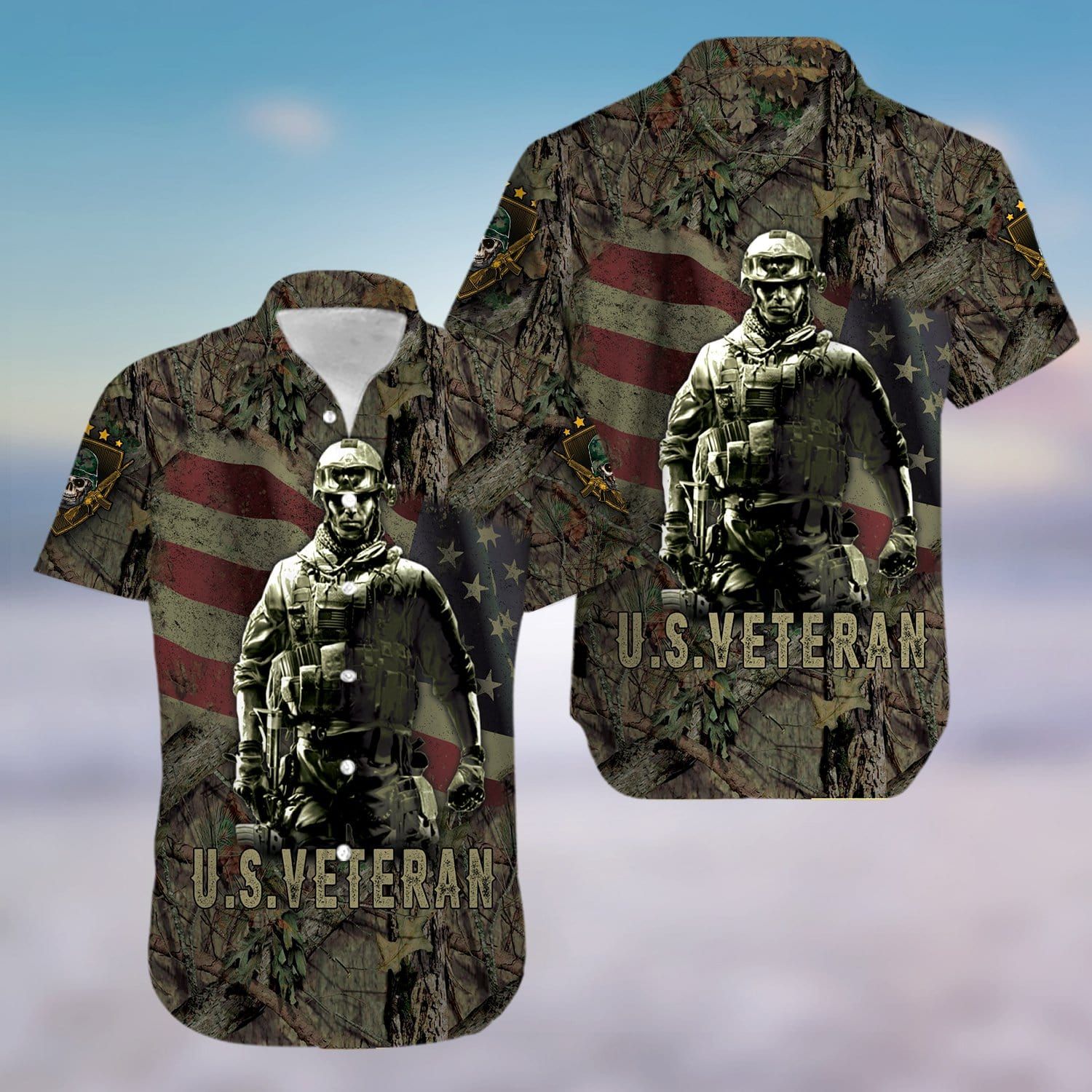 U.S Veterans Forest camo Soldiers Hawaiian Aloha Shirts #V