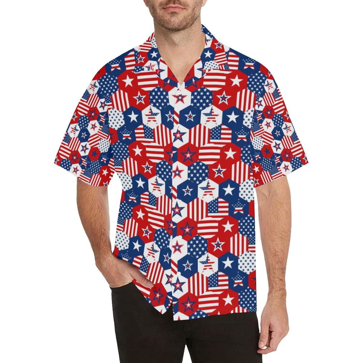 Usa Star Hexagon Pattern Men’s All Over Print Hawaiian Shirt