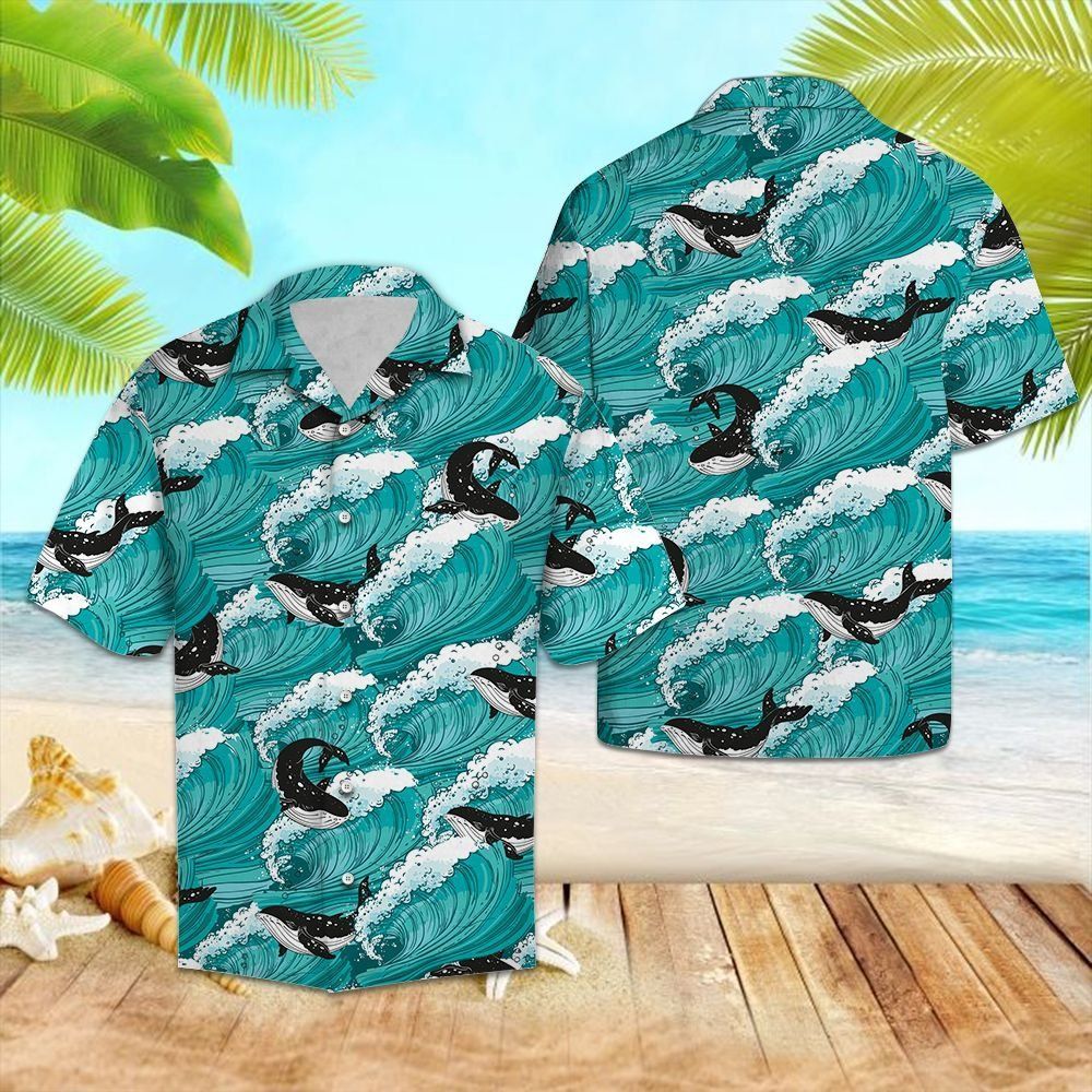 Whale Sea Waves Unique Teal Hawaiian Shirt   12053332