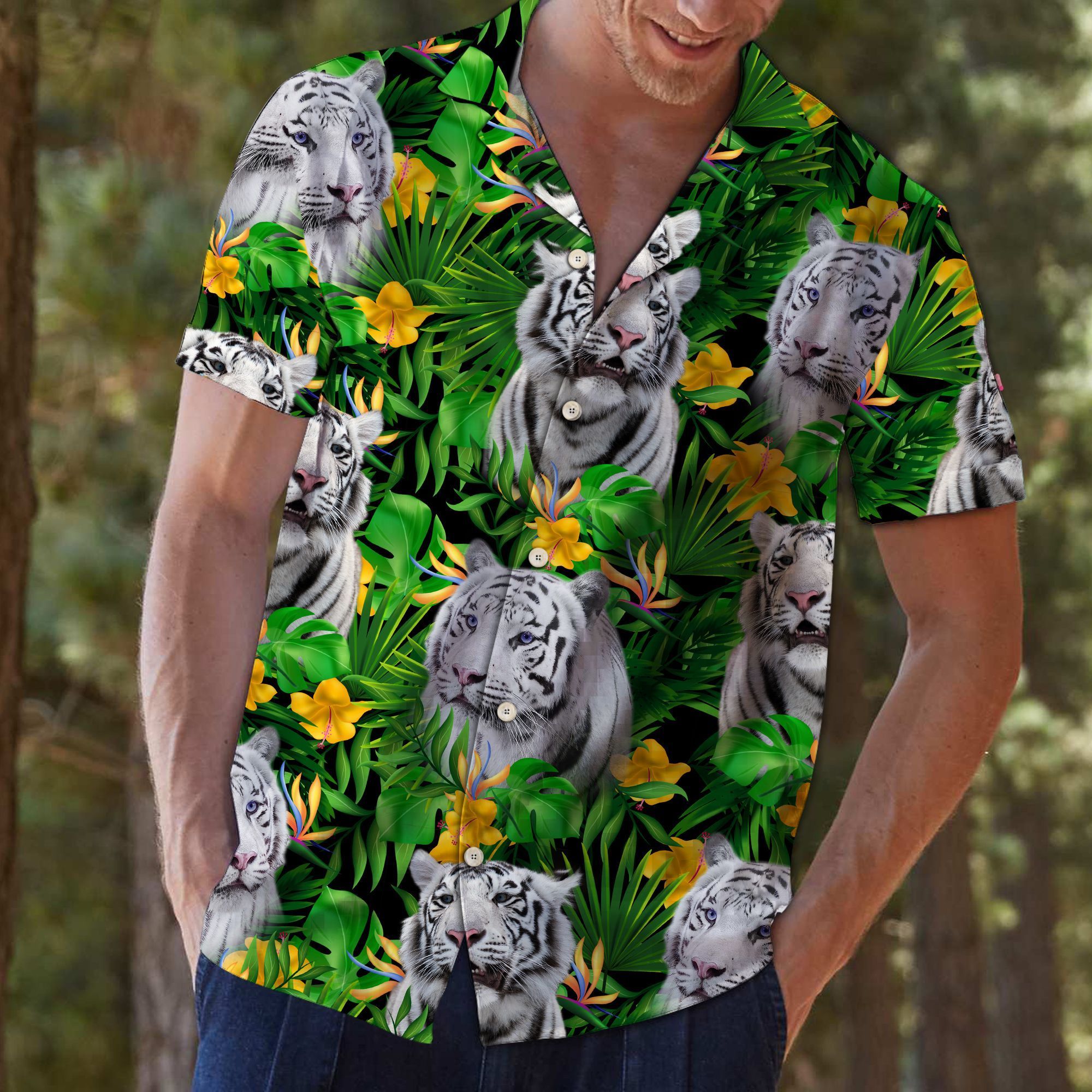 White Tiger Tropical Wild Flower Green Youth Unisex Hawaiian Shirt For Men And Women CTC25034347