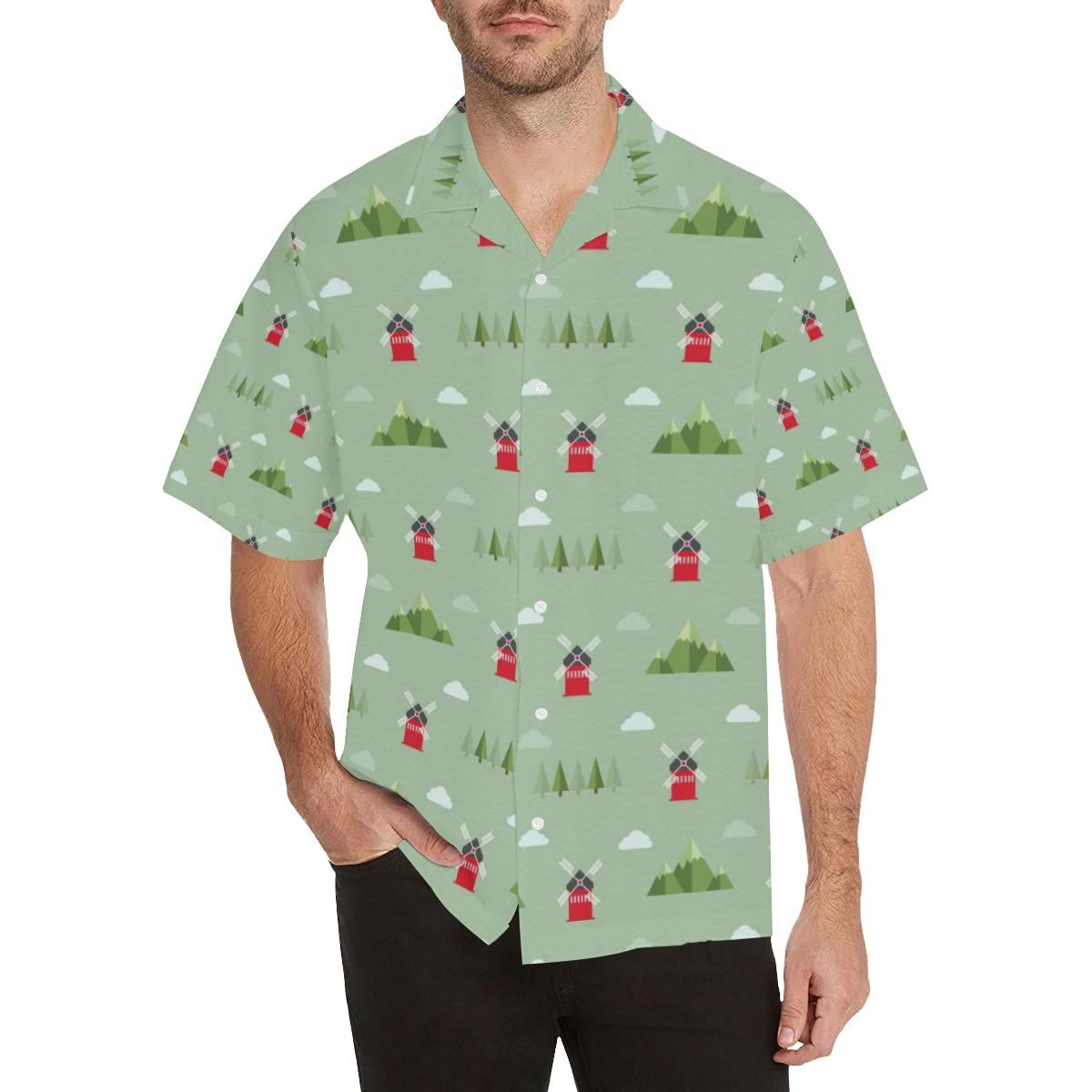 Windmill Green Pattern Men’s All Over Print Hawaiian Shirt