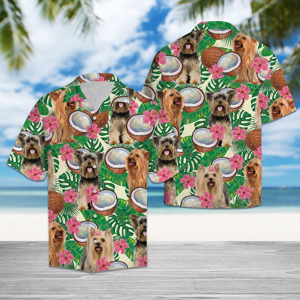 Yorkshire Terrier Tropical Coconut Green Pink Unique Design Unisex Hawaiian Shirt For Men And Women   04061469
