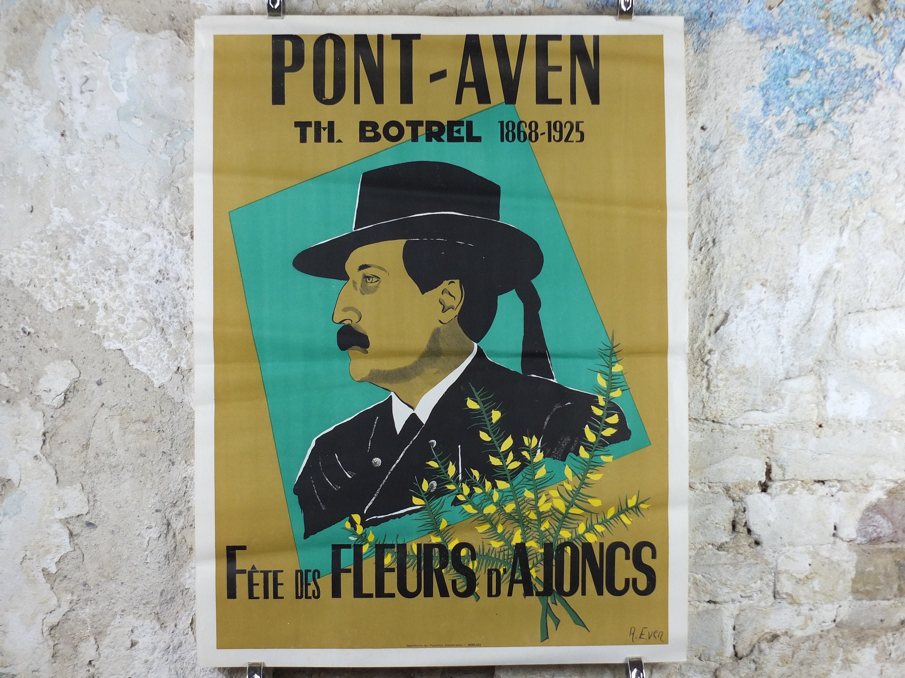 1950s Fete des Fleurs d'Ajoncs Poster, from Pont Avon, an Andre Even poster of Théodore Botrel, French singer and poet, wall art decor