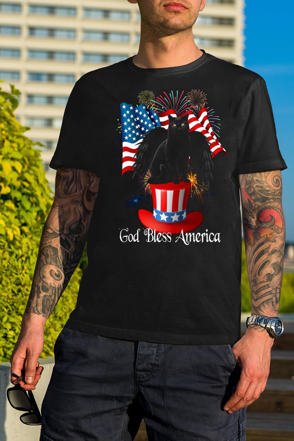 4th of July God Bless America Black Cat With Fireworks shirt