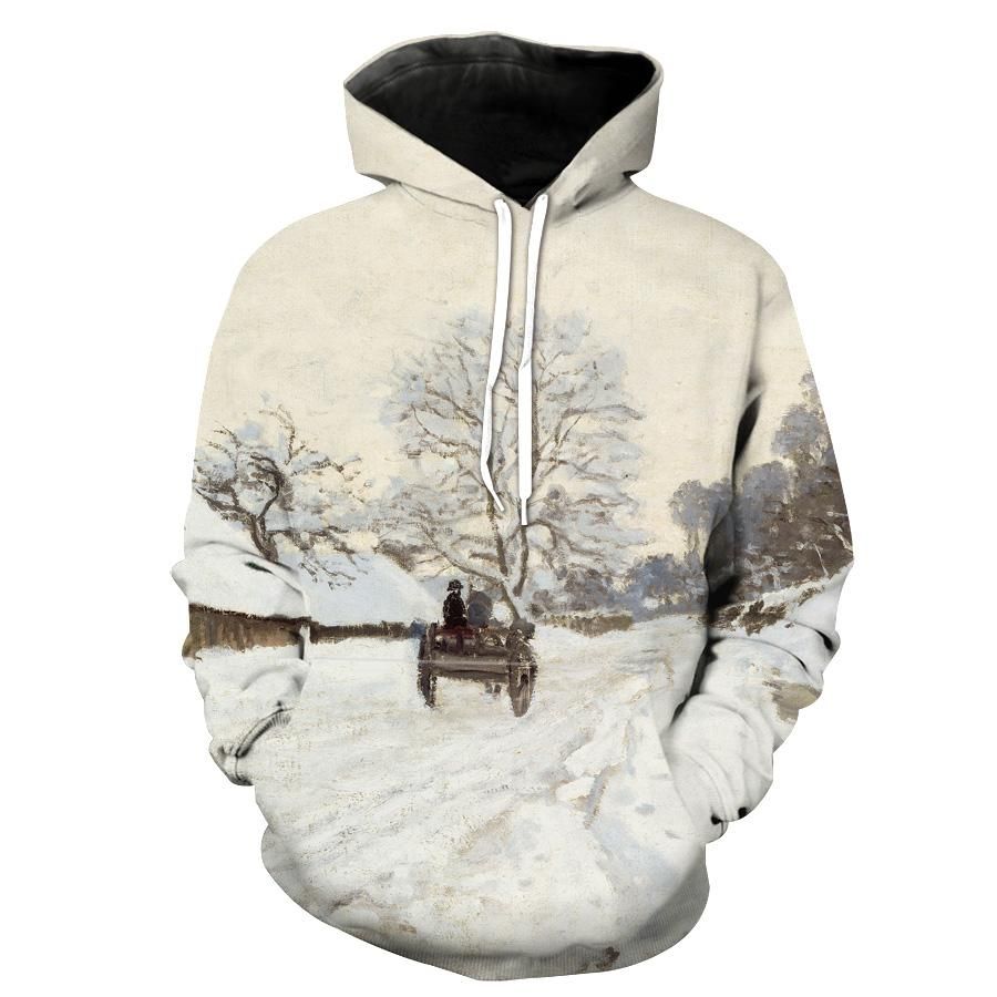 A Cart On A Snowy Road Monet Painting Hoodie 3D