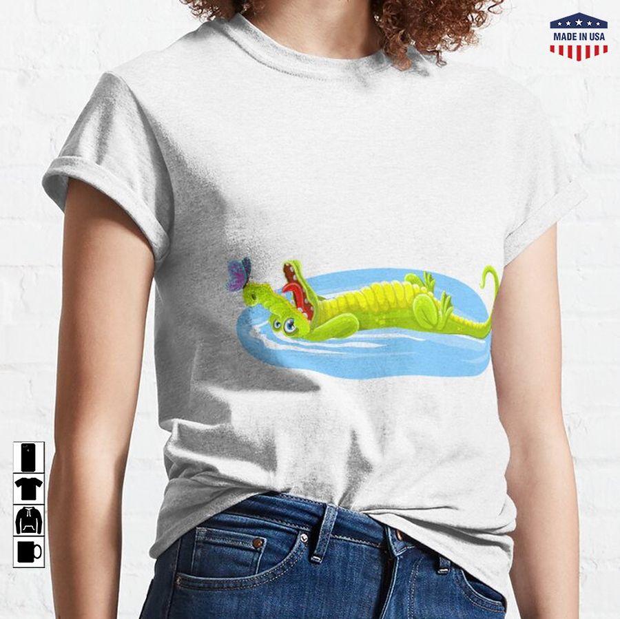 A crocodile swims in water and a butterfly above it funny  Classic T-Shirt