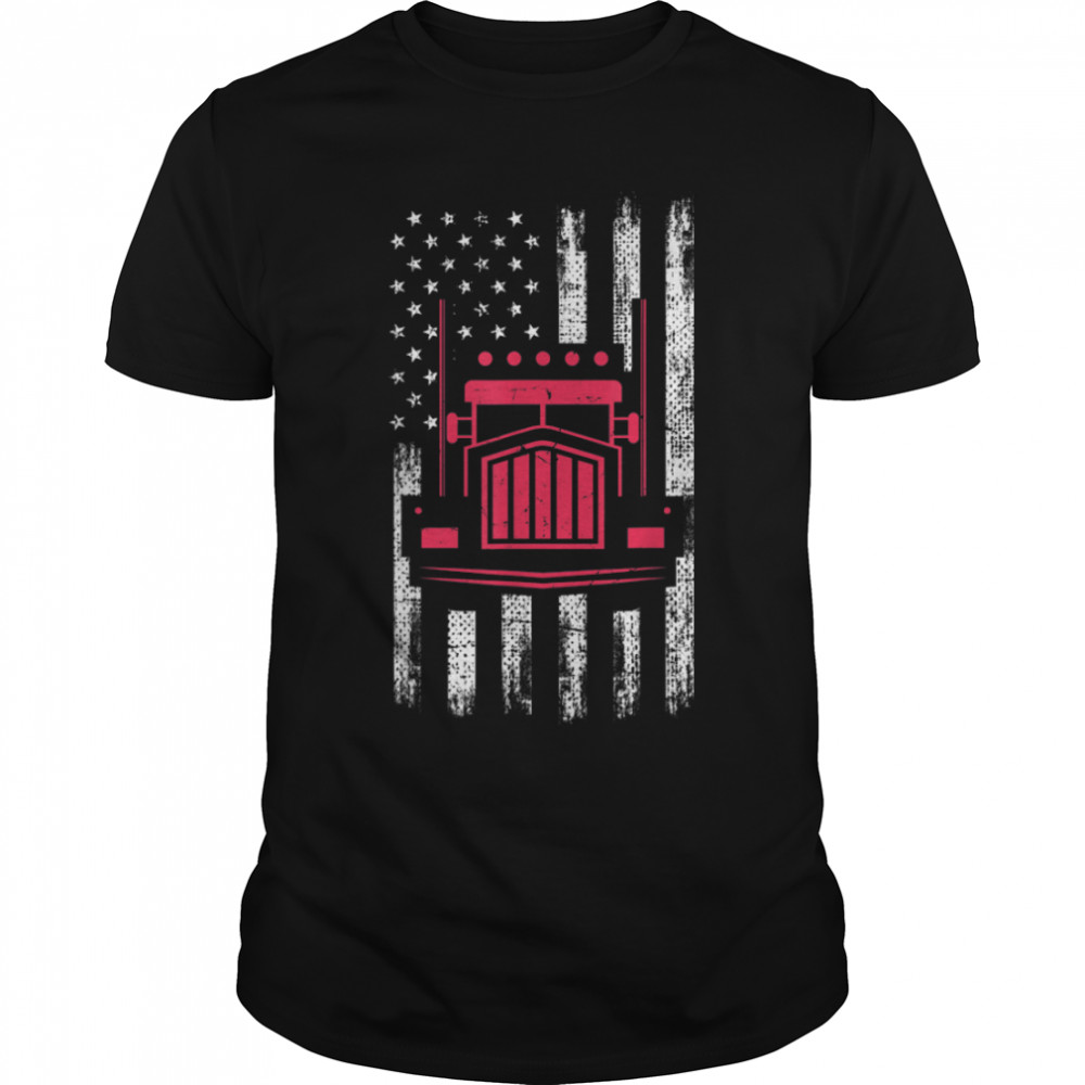 American Flag Red Truck Mechanic Funny Semi Truck Driver T-Shirt B0B1TQVWQK