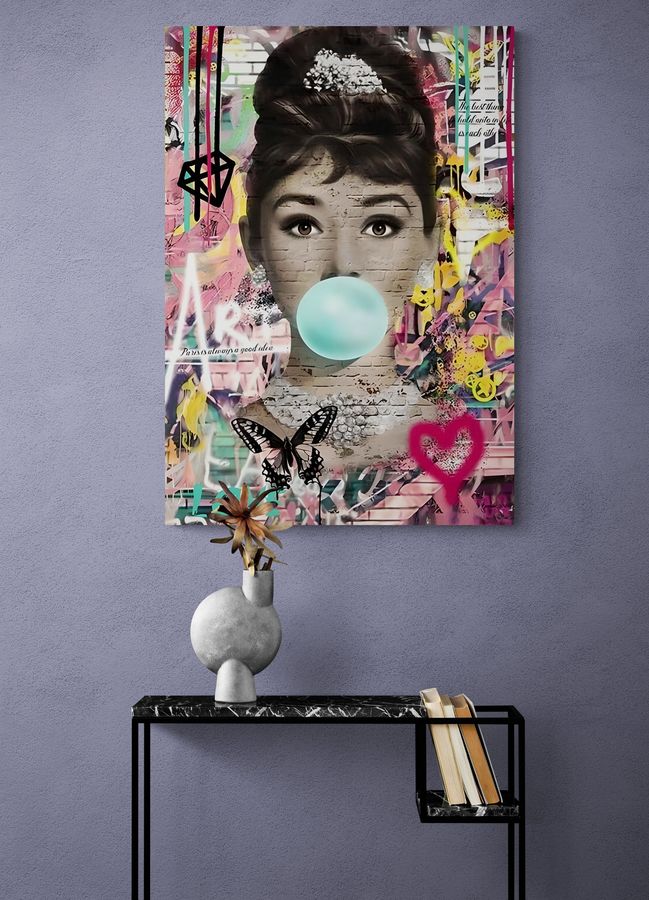 Audrey Hepburn Canvas, Bubble Gum Print, Wall Art Canvas, Hepburn Pink Lips, Modern Poster, Audrey Artwork, Movie Actress, Banksy Graffiti