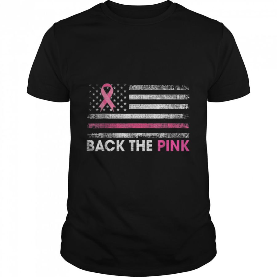 Back The Pink Ribbon American Flag Breast Cancer Awareness T-Shirt B0B7DYHG3L
