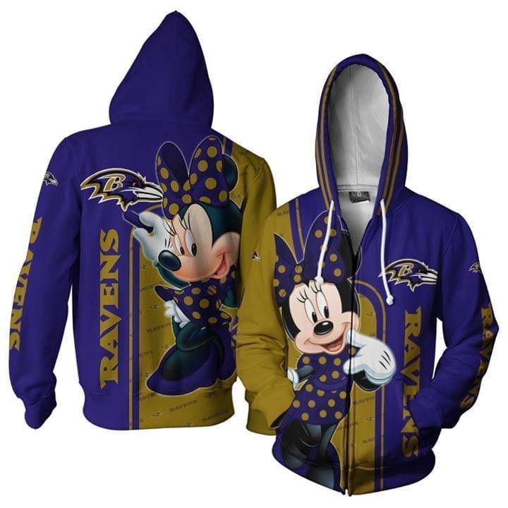 Baltimore Ravens Minnie Disney Pullover And Zippered Hoodies Custom 3D Graphic Printed 3D Hoodie All Over Print Hoodie For Men For Women