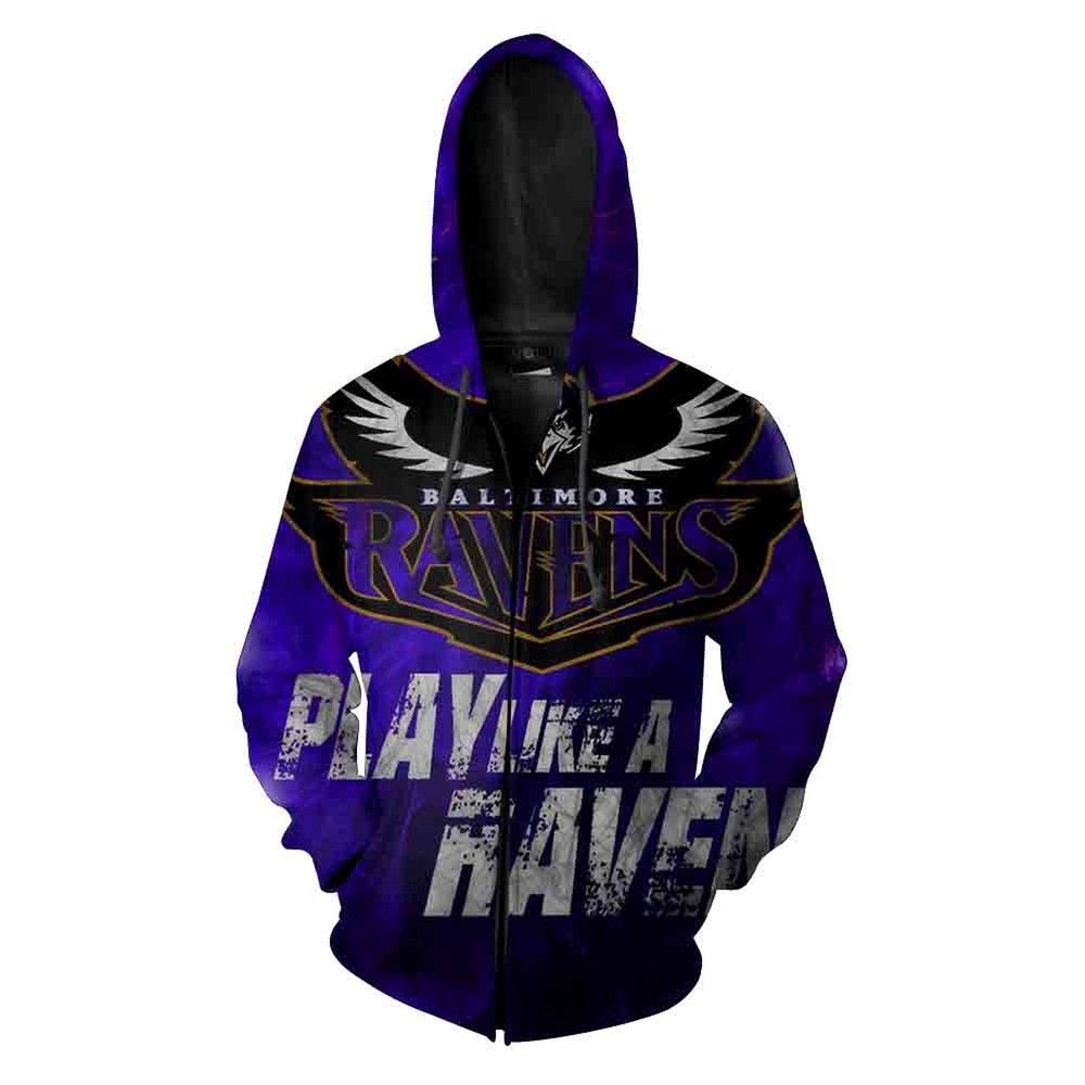 Baltimore Ravens Nfl Football Play Like A Haven Men And Women 3D Full Printing Pullover Zip Hoodie And Hoodie. Baltimore Ravens 3D Full Printing Hoodie Shirt