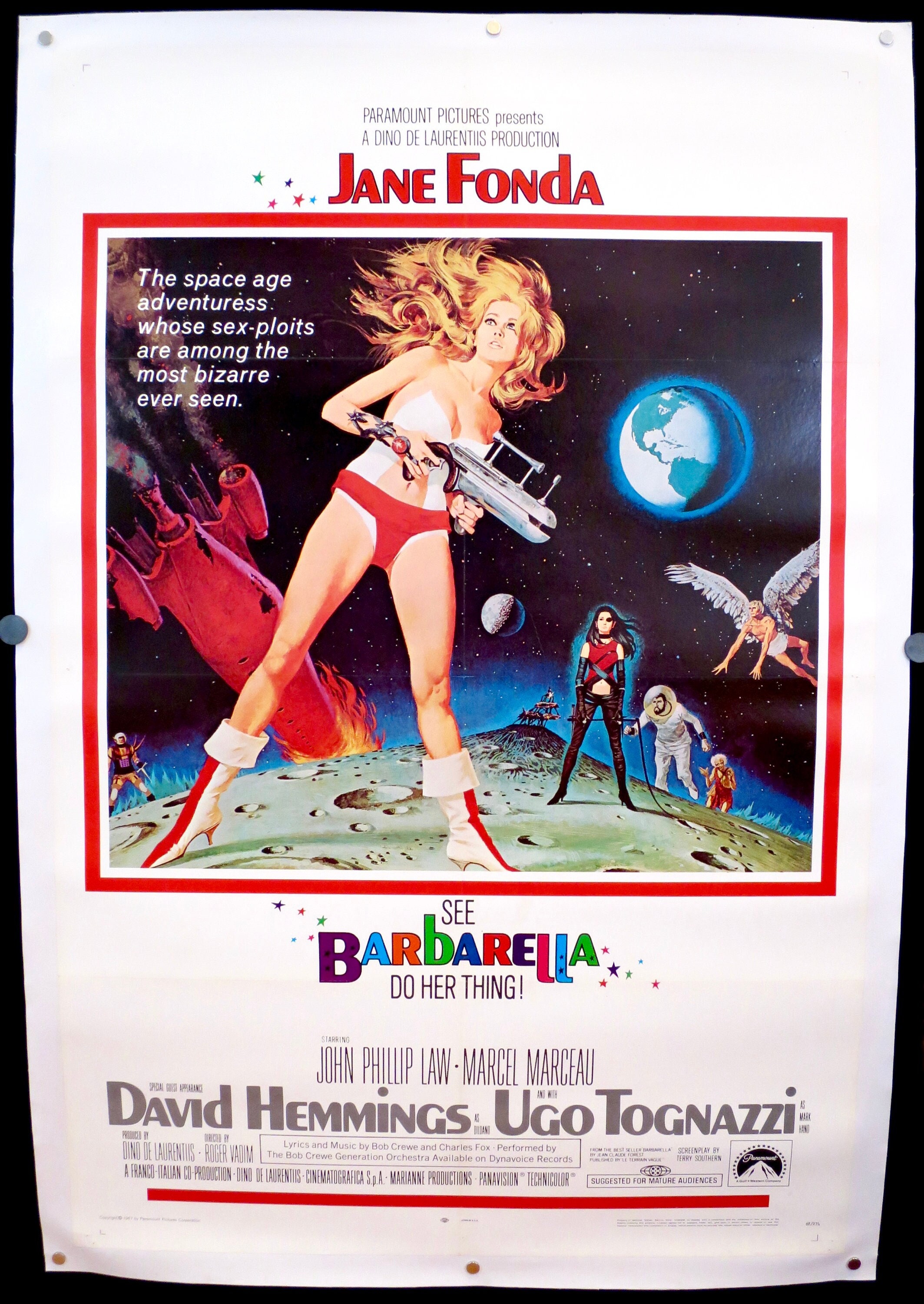BARBARELLA - Linen Backed Orig 1968 US 1 Sheet - VG Cond - GORGEOUS Robert McGinnis Sci-Fi Fantasy Art - Jane Fonda & John Phillip Law!