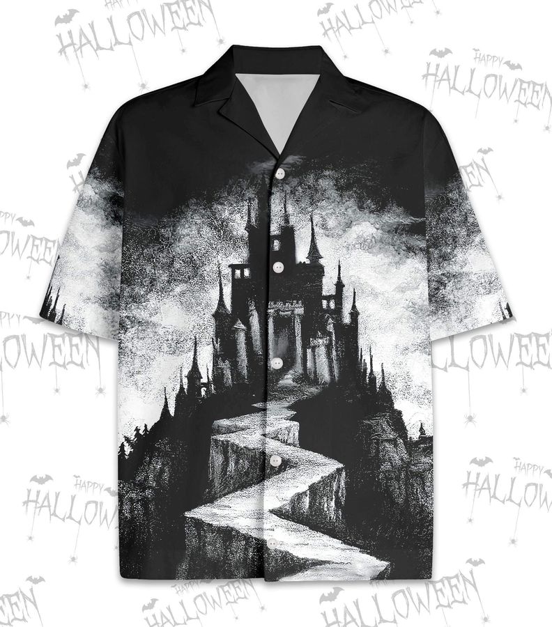Black and White Halloween Scary Palace Art Hawaiian Shirts