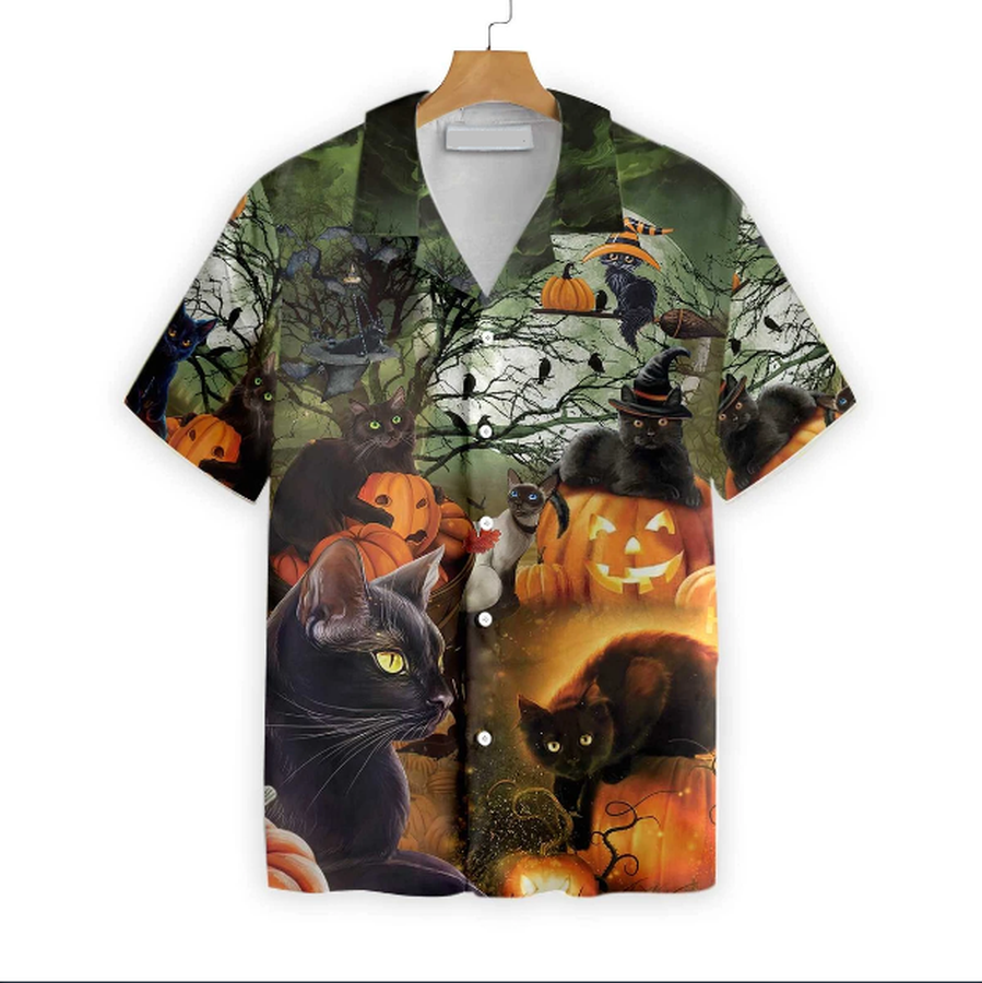 Black Cat & The Pumpkin 3d All Over Print Summer Button Design For Halloween Hawaii Shirt.png