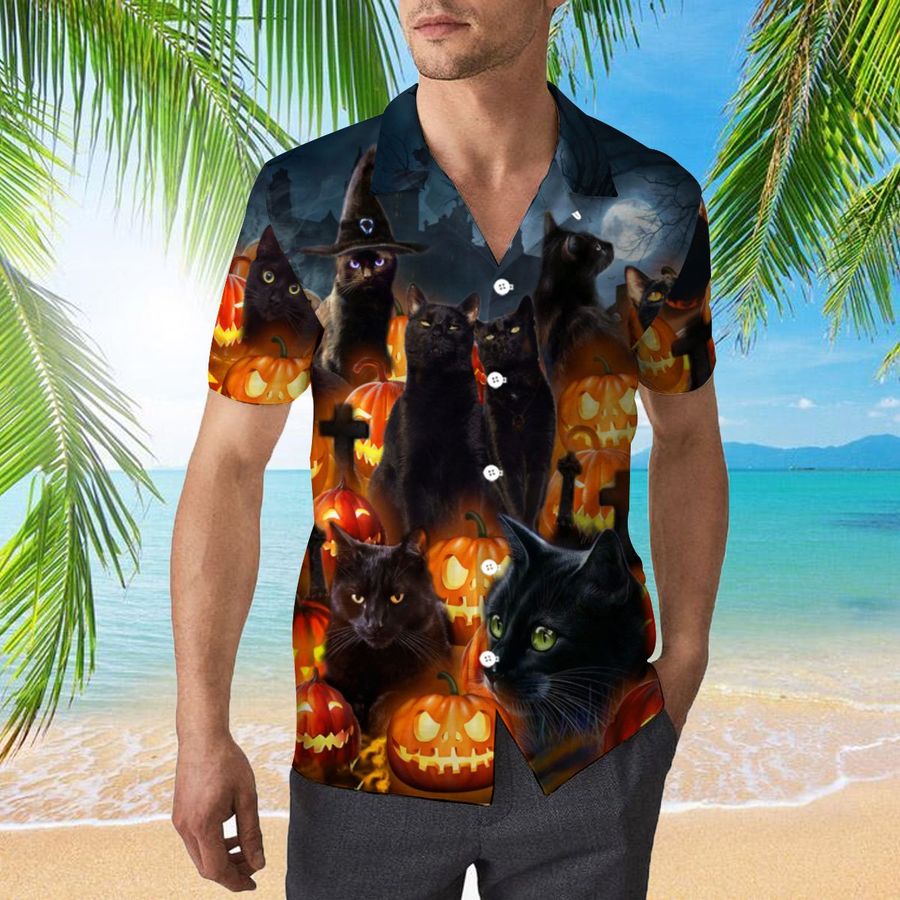 Black Cat And Scary Pumpkin 3d All Over Print Button Design For Halloween Hawaii Shirt