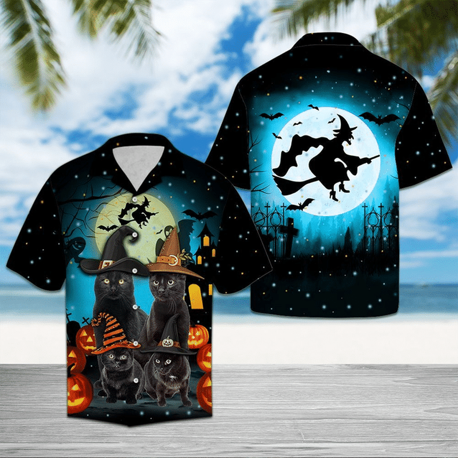 Black Cat Family 3d All Over Print Button Design For Halloween Hawaii Shirt.png