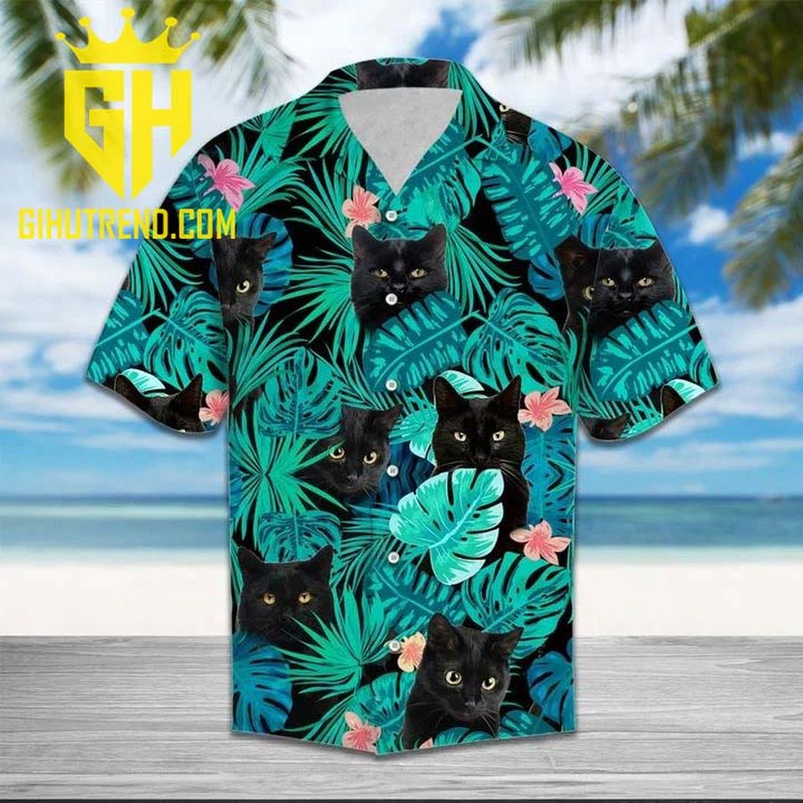 Black cat tropical Summer Beach Hawaiian Shirt