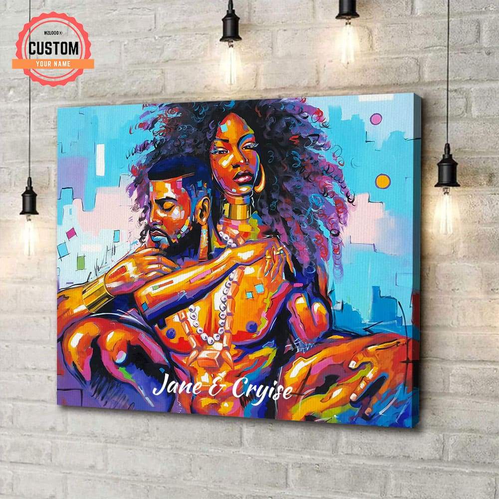Black Couple Hugging Custom Name Canvas