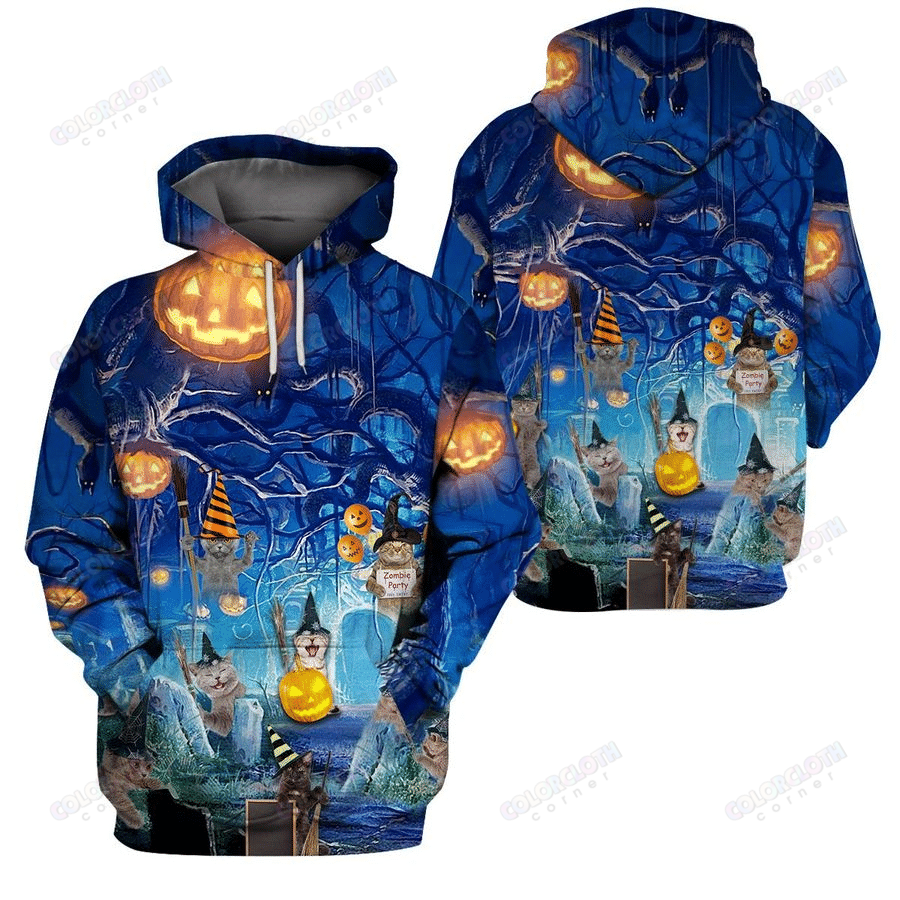 Blue Halloween Cat 3D All-over Printed Hoodie and sweatshirt
