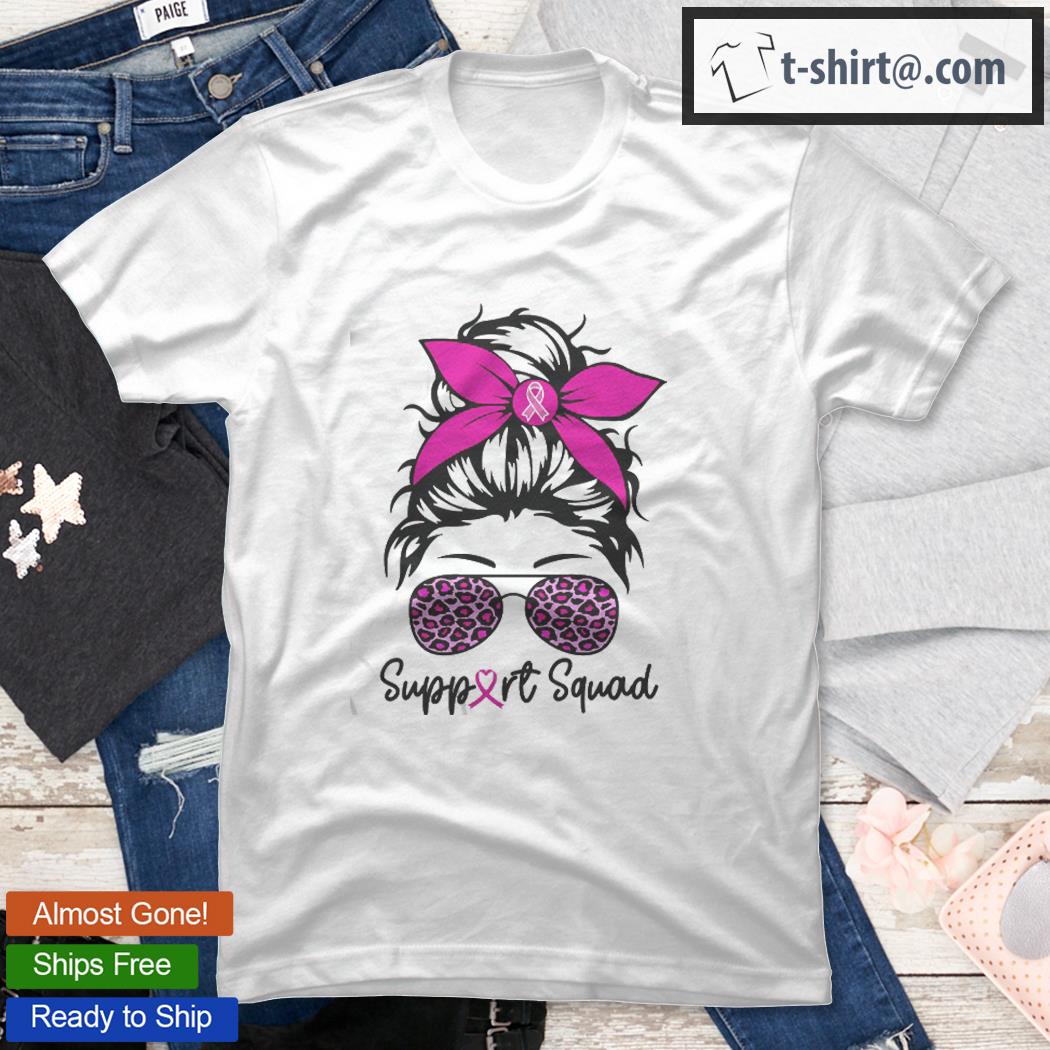 Breast Cancer Awareness Support Squad Messy Bun Leopard Pink Shirt