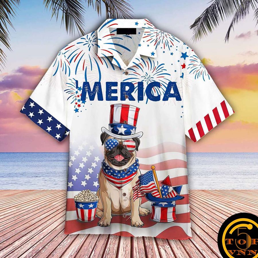 BullDog American Flag 4th Of July Firework Hawaiian shirt and shorts