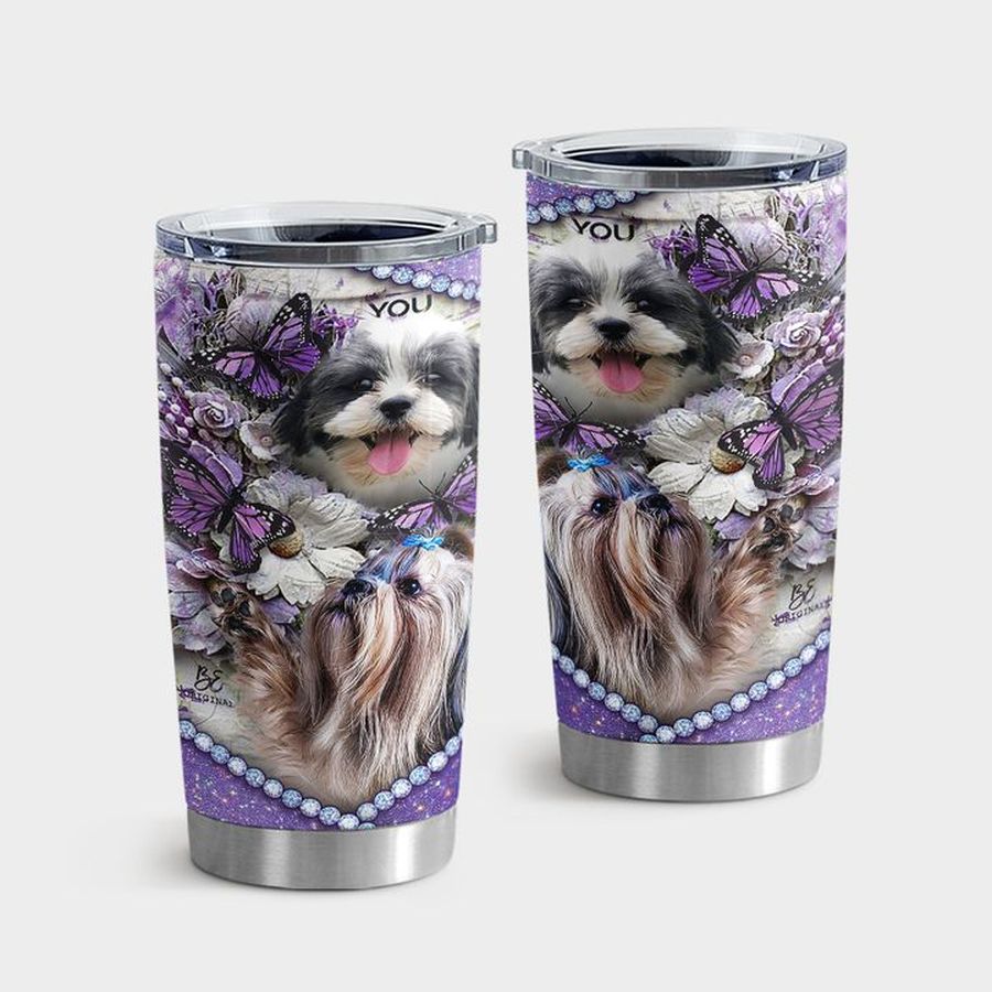 Butterfly Insulated Tumbler, Shih Tzu Play With Butterflies Tumbler Tumbler Cup 20oz , Tumbler Cup 30oz, Straight Tumbler 20oz