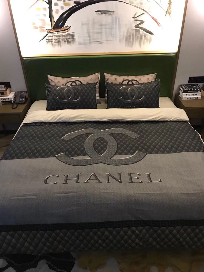Chanel Big Signature Logo In Colorful Hologram Background Effect Bedding Set  Queen  Masteez