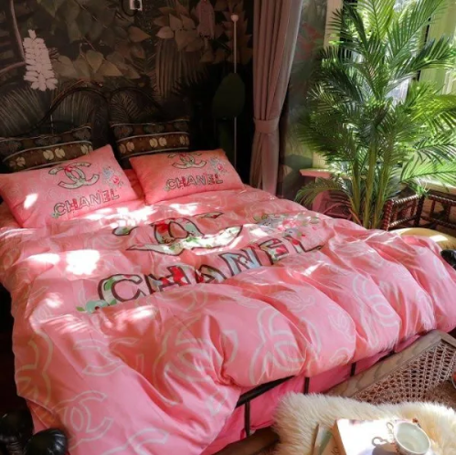 Chanel Cute Pink Floral Logo Bedding Set Queen