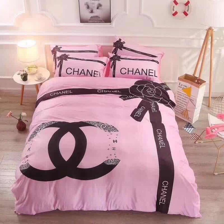 Chanel Logo With Ribbon In Pink Background Bedding Set