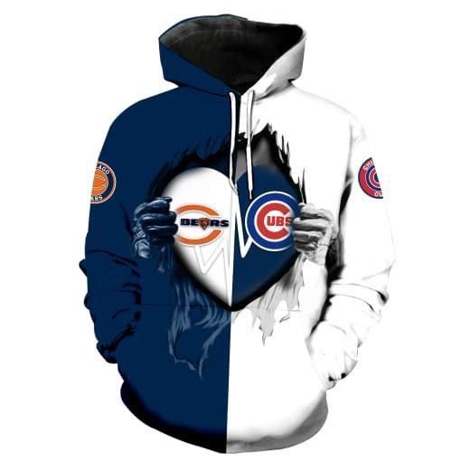 Chicago Bears Chicago Cubs Heartbeat Love Ripped Pullover And Zippered Hoodies Custom 3D Graphic Printed 3D Hoodie All Over Print Hoodie For Men For Women