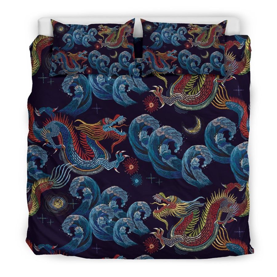 Chinese Wave Dragon Pattern Print Duvet Cover Bedding Set