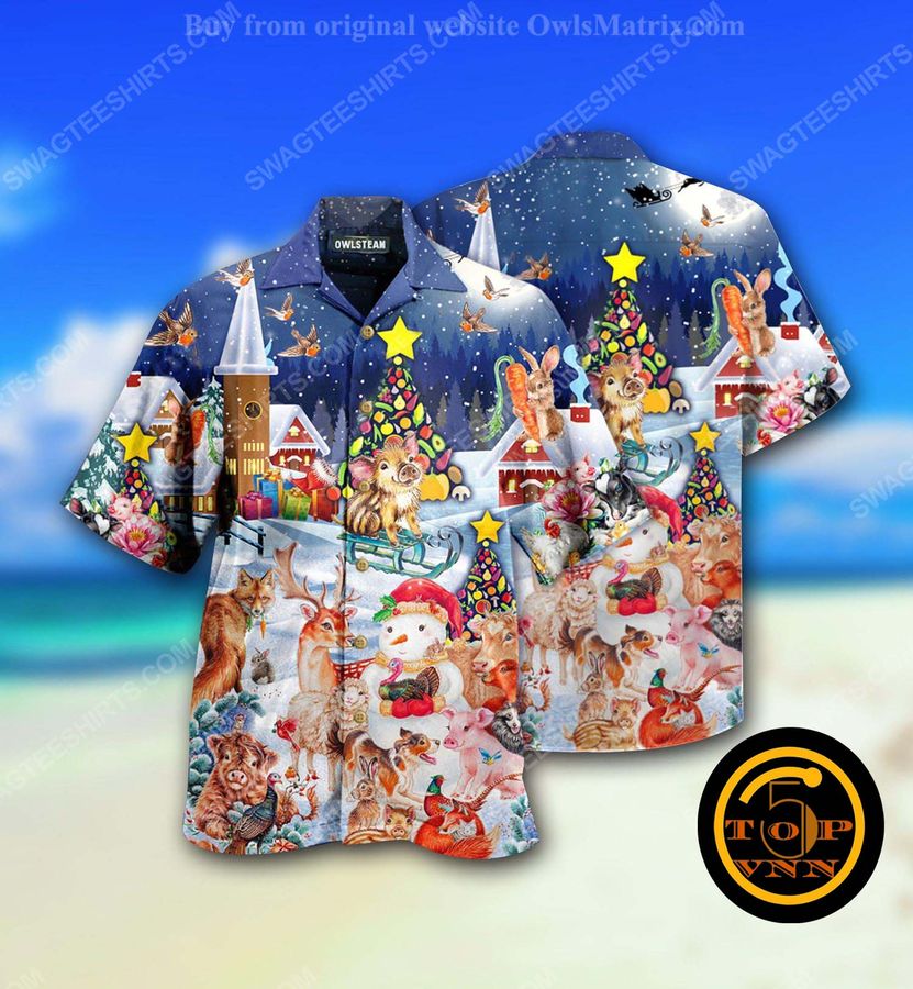 Christmas holiday and happy animals full print hawaiian shirt and shorts