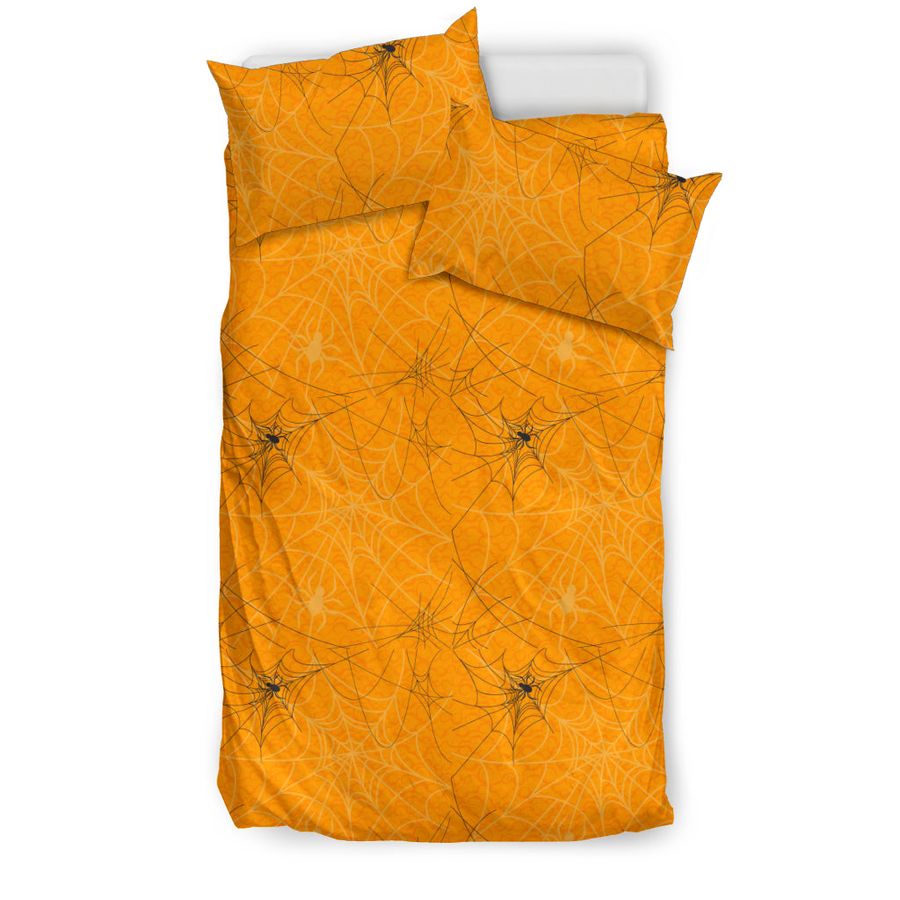 Cobweb Spider Web Pattern Orange Background Bedding Set