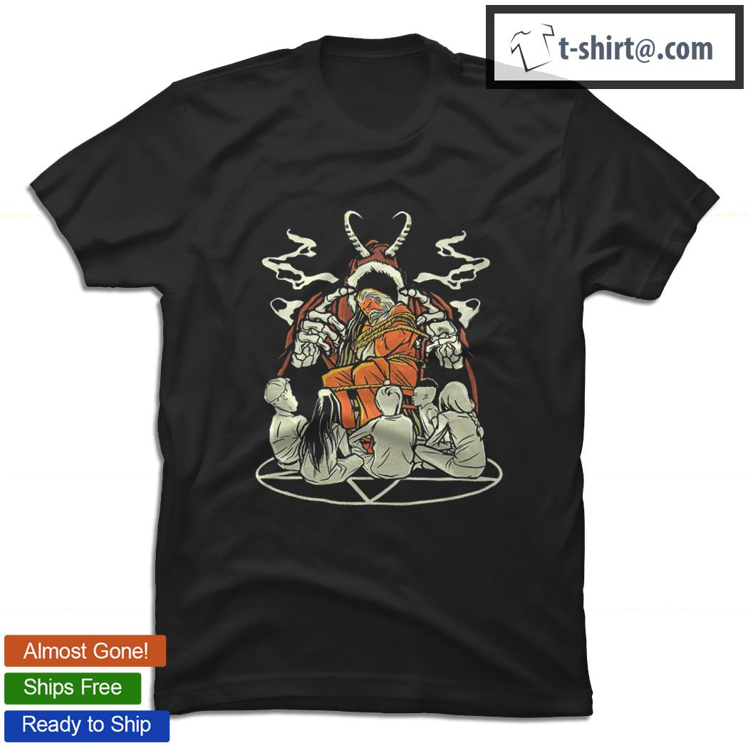Creepy Christmas children sitting on a pentagram next to a captured Santa Claus and the Krampus shirt