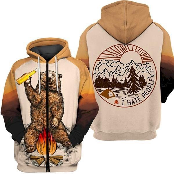 Custom 3D Hoodies Bear Beer Bonfire I Hate People Hoodies Sweatshirt